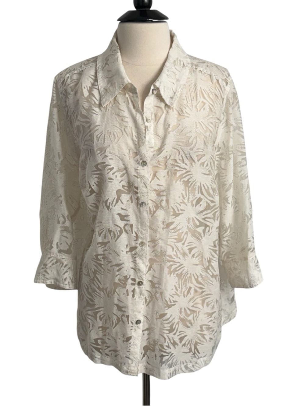 Kim Rogers Women 3/4 Sleeve Sheer Floral Burnout Pattern Blouse, White, Size 3X